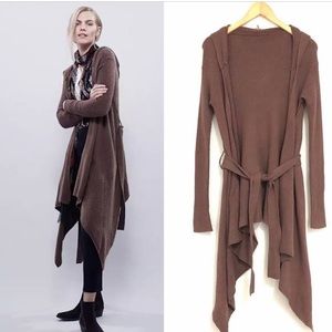 FREE PEOPLE Sloane Hooded Cascade Tie Cardigan Taupe Brown SZ S